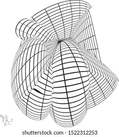 Abstract futuristic 3D shape with visual distortion effect. Optical art background. Warped 3D wireframe. Black and white architectural mesh digital drawing. Futuristic vector illustration isolated.
