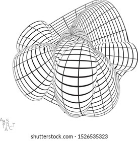Abstract futuristic 3D shape with visual distortion effect. Optical art background. Warped 3D wireframe. Black and white architectural mesh digital drawing. Futuristic vector illustration isolated.