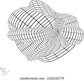 Abstract futuristic 3D shape with visual distortion effect. Optical art background. Warped 3D wireframe. Black and white architectural mesh digital drawing. Futuristic vector illustration isolated.