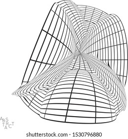 Abstract futuristic 3D shape with visual distortion effect. Optical art background. Warped 3D wireframe. Black and white architectural mesh digital drawing. Futuristic vector illustration isolated.