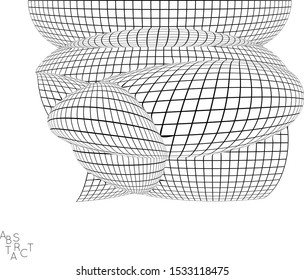 Abstract futuristic 3D shape with visual distortion effect. Optical art background. Warped 3D wireframe. Black and white architectural mesh digital drawing. Futuristic vector illustration isolated.