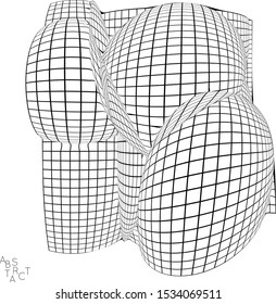 Abstract futuristic 3D shape with visual distortion effect. Optical art background. Warped 3D wireframe. Black and white architectural mesh digital drawing. Futuristic vector illustration isolated.