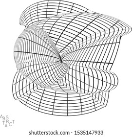 Abstract futuristic 3D shape with visual distortion effect. Optical art background. Warped 3D wireframe. Black and white architectural mesh digital drawing. Futuristic vector illustration isolated.
