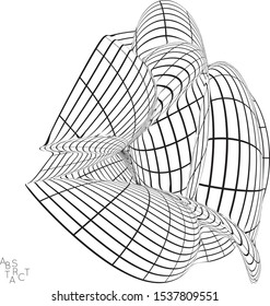 Abstract futuristic 3D shape with visual distortion effect. Optical art background. Warped 3D wireframe. Black and white architectural mesh digital drawing. Futuristic vector illustration isolated.