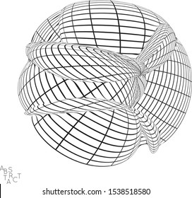 Abstract futuristic 3D shape with visual distortion effect. Optical art background. Warped 3D wireframe. Black and white architectural mesh digital drawing. Futuristic vector illustration isolated.