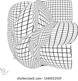 Abstract futuristic 3D shape with visual distortion effect. Optical art background. Warped 3D wireframe. Black and white architectural mesh digital drawing. Futuristic vector illustration isolated.