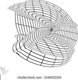 Abstract futuristic 3D shape with visual distortion effect. Optical art background. Warped 3D wireframe. Black and white architectural mesh digital drawing. Futuristic vector illustration isolated.