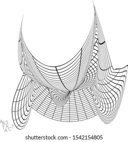 Abstract futuristic 3D shape with visual distortion effect. Optical art background. Warped 3D wireframe. Black and white architectural mesh digital drawing. Futuristic vector illustration isolated.