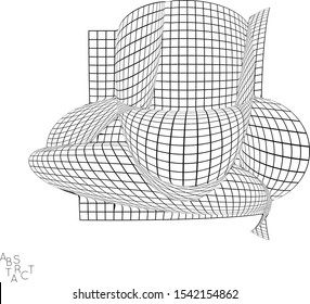 Abstract futuristic 3D shape with visual distortion effect. Optical art background. Warped 3D wireframe. Black and white architectural mesh digital drawing. Futuristic vector illustration isolated.