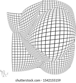 Abstract futuristic 3D shape with visual distortion effect. Optical art background. Warped 3D wireframe. Black and white architectural mesh digital drawing. Futuristic vector illustration isolated.