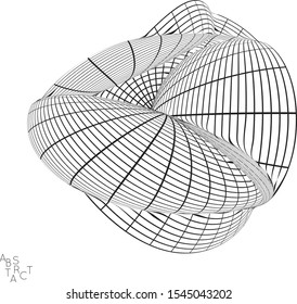 Abstract futuristic 3D shape with visual distortion effect. Optical art background. Warped 3D wireframe. Black and white architectural mesh digital drawing. Futuristic vector illustration isolated.