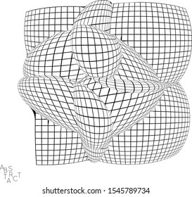 Abstract futuristic 3D shape with visual distortion effect. Optical art background. Warped 3D wireframe. Black and white architectural mesh digital drawing. Futuristic vector illustration isolated.
