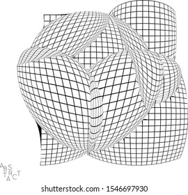 Abstract futuristic 3D shape with visual distortion effect. Optical art background. Warped 3D wireframe. Black and white architectural mesh digital drawing. Futuristic vector illustration isolated.
