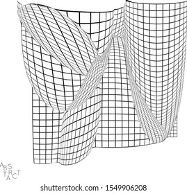 Abstract futuristic 3D shape with visual distortion effect. Optical art background. Warped 3D wireframe. Black and white architectural mesh digital drawing. Futuristic vector illustration isolated.