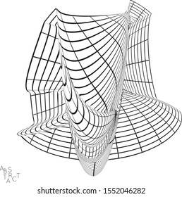 Abstract futuristic 3D shape with visual distortion effect. Optical art background. Warped 3D wireframe. Black and white architectural mesh digital drawing. Futuristic vector illustration isolated.