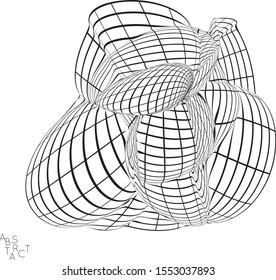 Abstract futuristic 3D shape with visual distortion effect. Optical art background. Warped 3D wireframe. Black and white architectural mesh digital drawing. Futuristic vector illustration isolated.