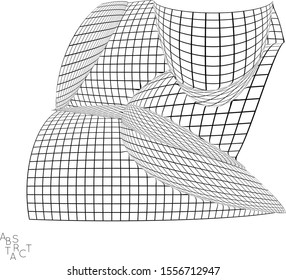 Abstract futuristic 3D shape with visual distortion effect. Optical art background. Warped 3D wireframe. Black and white architectural mesh digital drawing. Futuristic vector illustration isolated.