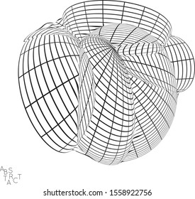 Abstract futuristic 3D shape with visual distortion effect. Optical art background. Warped 3D wireframe. Black and white architectural mesh digital drawing. Futuristic vector illustration isolated.