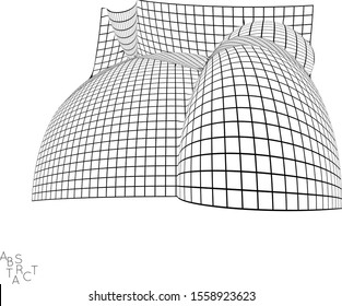 Abstract futuristic 3D shape with visual distortion effect. Optical art background. Warped 3D wireframe. Black and white architectural mesh digital drawing. Futuristic vector illustration isolated.
