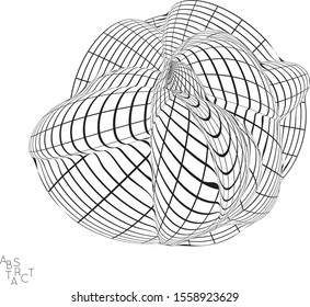 Abstract futuristic 3D shape with visual distortion effect. Optical art background. Warped 3D wireframe. Black and white architectural mesh digital drawing. Futuristic vector illustration isolated.