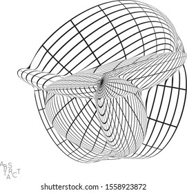 Abstract futuristic 3D shape with visual distortion effect. Optical art background. Warped 3D wireframe. Black and white architectural mesh digital drawing. Futuristic vector illustration isolated.