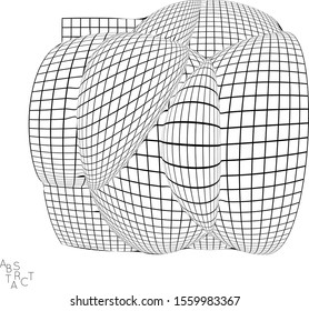 Abstract futuristic 3D shape with visual distortion effect. Optical art background. Warped 3D wireframe. Black and white architectural mesh digital drawing. Futuristic vector illustration isolated.