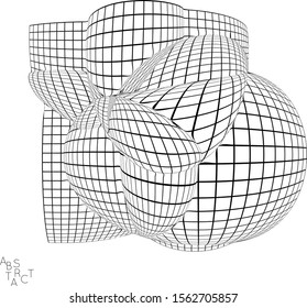 Abstract futuristic 3D shape with visual distortion effect. Optical art background. Warped 3D wireframe. Black and white architectural mesh digital drawing. Futuristic vector illustration isolated.