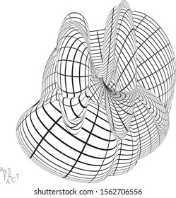 Abstract futuristic 3D shape with visual distortion effect. Optical art background. Warped 3D wireframe. Black and white architectural mesh digital drawing. Futuristic vector illustration isolated.