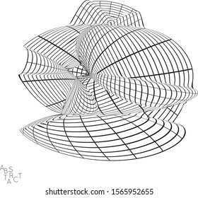 Abstract futuristic 3D shape with visual distortion effect. Optical art background. Warped 3D wireframe. Black and white architectural mesh digital drawing. Futuristic vector illustration isolated.