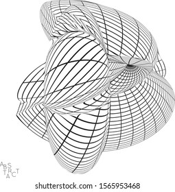 Abstract futuristic 3D shape with visual distortion effect. Optical art background. Warped 3D wireframe. Black and white architectural mesh digital drawing. Futuristic vector illustration isolated.