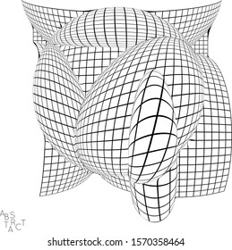 Abstract futuristic 3D shape with visual distortion effect. Optical art background. Warped 3D wireframe. Black and white architectural mesh digital drawing. Futuristic vector illustration isolated.