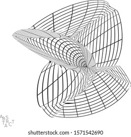 Abstract futuristic 3D shape with visual distortion effect. Optical art background. Warped 3D wireframe. Black and white architectural mesh digital drawing. Futuristic vector illustration isolated.