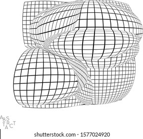Abstract futuristic 3D shape with visual distortion effect. Optical art background. Warped 3D wireframe. Black and white architectural mesh digital drawing. Futuristic vector illustration isolated.