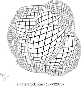 Abstract futuristic 3D shape with visual distortion effect. Optical art background. Warped 3D wireframe. Black and white architectural mesh digital drawing. Futuristic vector illustration isolated.