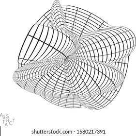 Abstract futuristic 3D shape with visual distortion effect. Optical art background. Warped 3D wireframe. Black and white architectural mesh digital drawing. Futuristic vector illustration isolated.