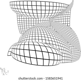 Abstract futuristic 3D shape with visual distortion effect. Optical art background. Warped 3D wireframe. Black and white architectural mesh digital drawing. Futuristic vector illustration isolated.