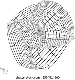 Abstract futuristic 3D shape with visual distortion effect. Optical art background. Warped 3D wireframe. Black and white architectural mesh digital drawing. Futuristic vector illustration isolated.