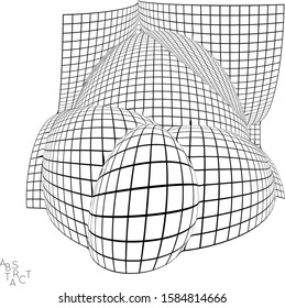 Abstract futuristic 3D shape with visual distortion effect. Optical art background. Warped 3D wireframe. Black and white architectural mesh digital drawing. Futuristic vector illustration isolated.