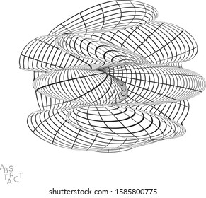 Abstract futuristic 3D shape with visual distortion effect. Optical art background. Warped 3D wireframe. Black and white architectural mesh digital drawing. Futuristic vector illustration isolated.