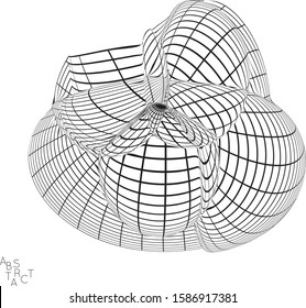 Abstract futuristic 3D shape with visual distortion effect. Optical art background. Warped 3D wireframe. Black and white architectural mesh digital drawing. Futuristic vector illustration isolated.