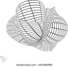 Abstract futuristic 3D shape with visual distortion effect. Optical art background. Warped 3D wireframe. Black and white architectural mesh digital drawing. Futuristic vector illustration isolated.