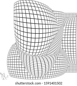 Abstract futuristic 3D shape with visual distortion effect. Optical art background. Warped 3D wireframe. Black and white architectural mesh digital drawing. Futuristic vector illustration isolated.