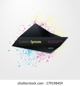 Abstract futuristic 3d speech bubble vector illustration with CMYK splash background for textbox, web page banner, label design