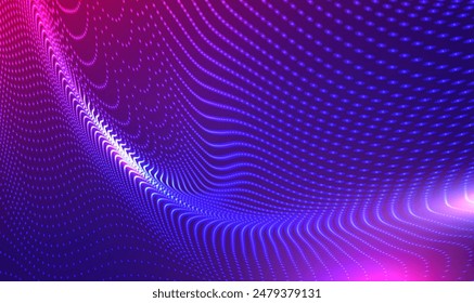 Abstract futuristic 3d wave particle dots technology background. Wave moving dots flow particles, Neon light, hi-tech and big data. Wave of streaming particles. Modern technology and science vector.