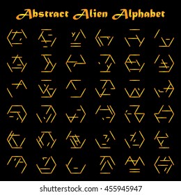 Abstract futuristic alien type in golden colors on black background