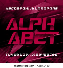 Abstract futuristic alphabet typeface. Oblique type letters and numbers on a dark geometric background. Vector font for your design.