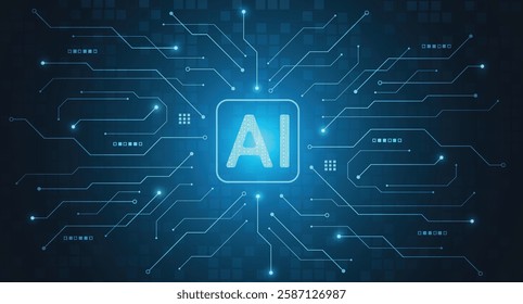 Abstract futuristic artificial intelligence chipset on circuit board in digital concept technology for web, banner, card, cover. Vector illustration