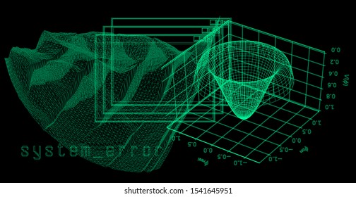 Abstract futuristic background with 3d grid of elements and shapes.
