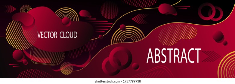 Abstract futuristic background or banner in dark red with clouds wave  liquid drops  geometric shapes dynamic  forms  illusion motion and data transfer