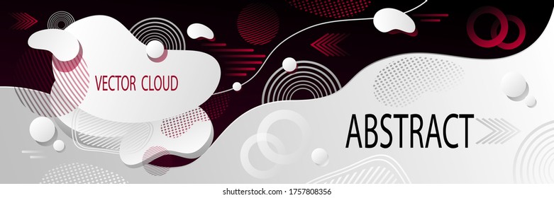 Abstract futuristic background or banner in red black white with clouds wave  liquid drops  geometric shapes dynamic  forms  illusion motion and data transfer